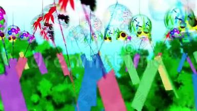 日本传统夏季景观带风磬.. 五彩缤纷的风铃。 循环动画。